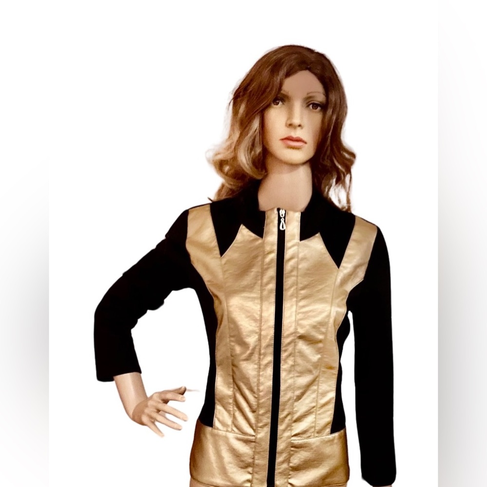 T&W Designs Womens Gold/Black Full Zip Faux Leather Accent Jacket